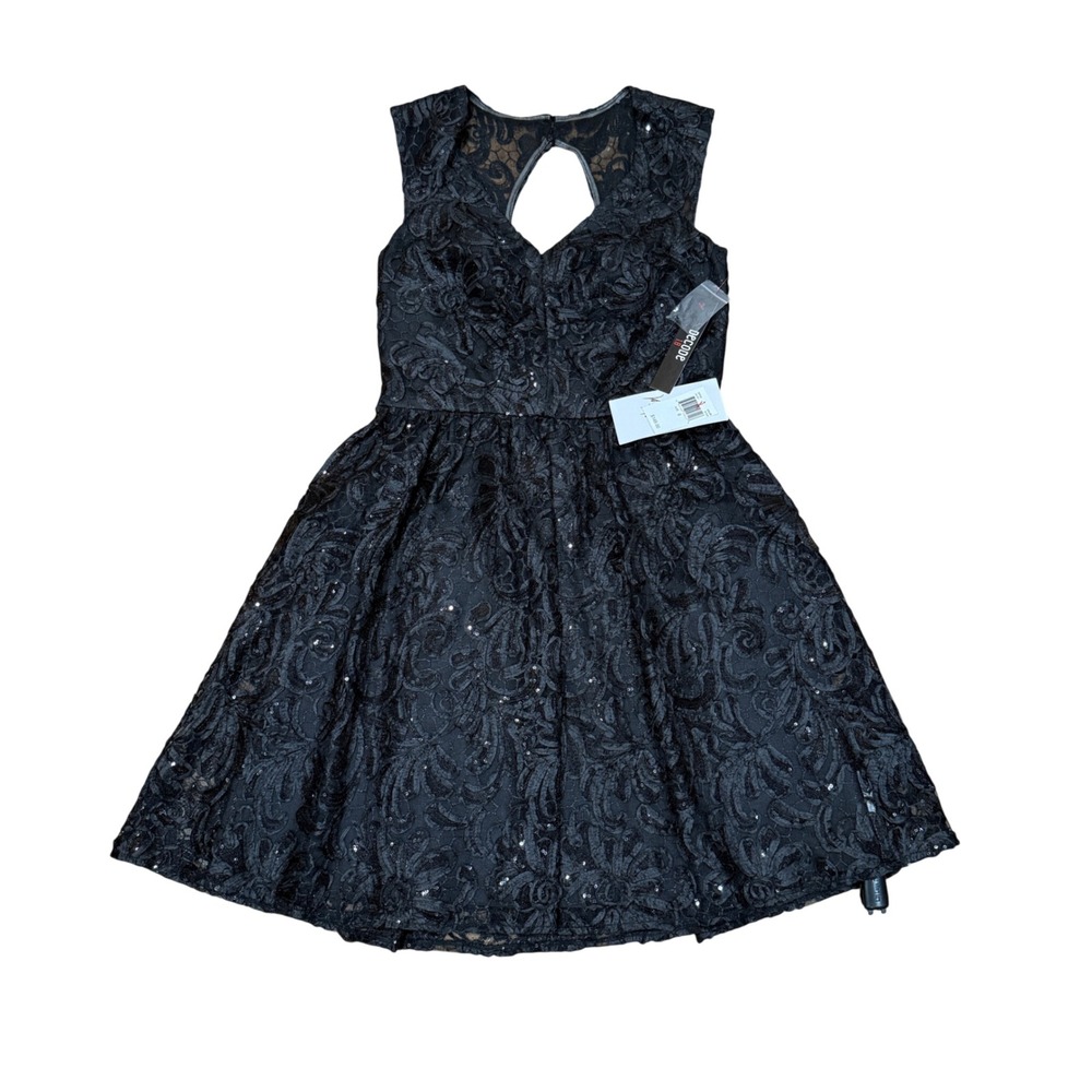 Decode 1.8 Black Sequined Lace Dress Open Back Pleated Cocktail Party Prom Sz‎ 6